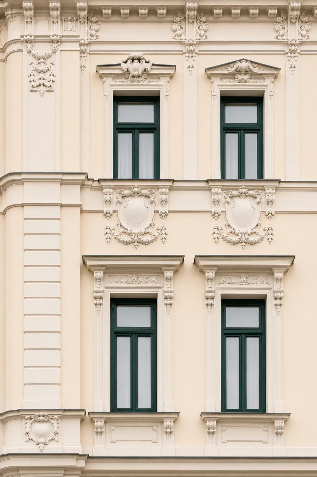 Fassadendetail – Wiener Gründerzeit-Stuckatur, plastisch gegliederte Fassade von Miss März